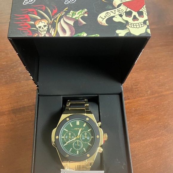 Accessories | Ed Hardy Mens Watch Gold Black Metal Bracelet | Poshmark